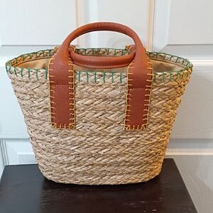 Universal Thread Natural Straw Tote with Brown Leather Handles and Green Trim